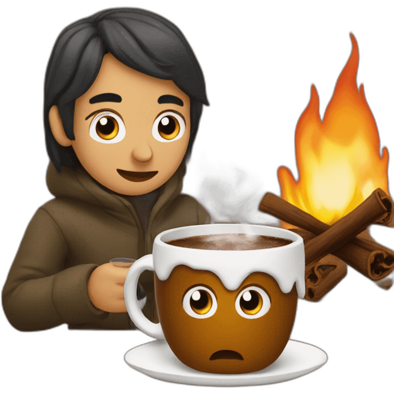 Zemmour drinking hot chocolate around a fire emoji