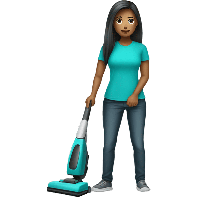 woman cleaner with light skin, long dark straight hair, she wea turquoise color t-shirt. She working with vacuum cleaners emoji