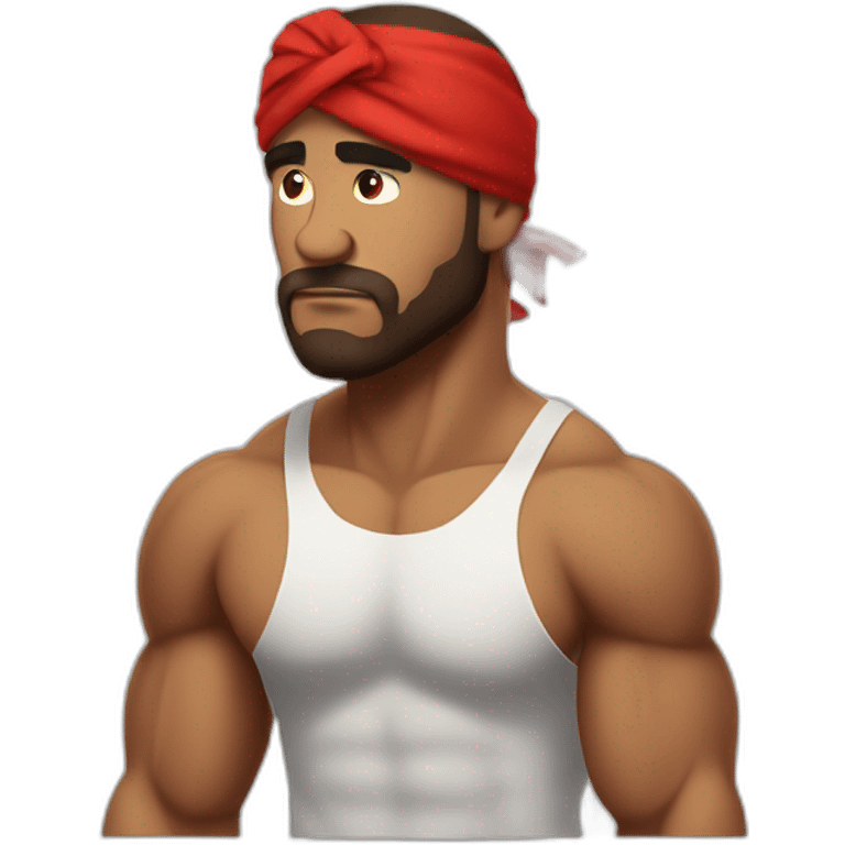 muscular man in red bandana standing sideways turns his head to face the viewer,his hand is bent in the elbow,torso emoji