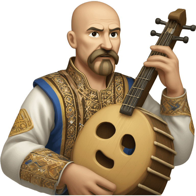 a Cossack warrior playing an ancient stringed instrument. The Cossack has a shaved head and a long strand of hair on one side. He has a thick, curved mustache and wears a gold earring in his left ear. He is wearing a simple Ukrainian embroidered shirt emoji