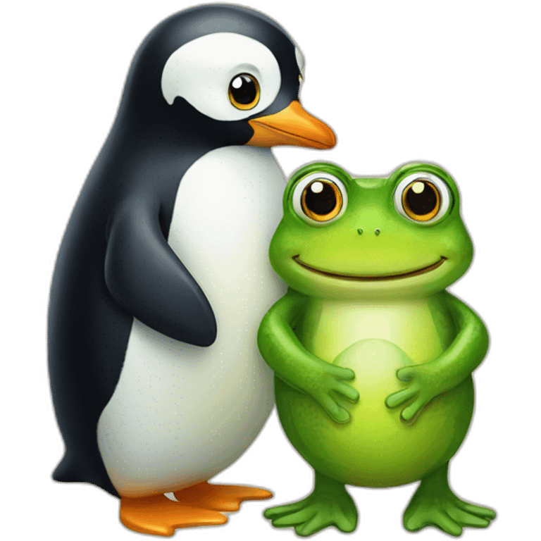 Penguin and a frog hugging emoji