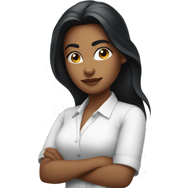 A woman with a confident expression, arms crossed, long black hair, wearing a bright white shirt
 emoji