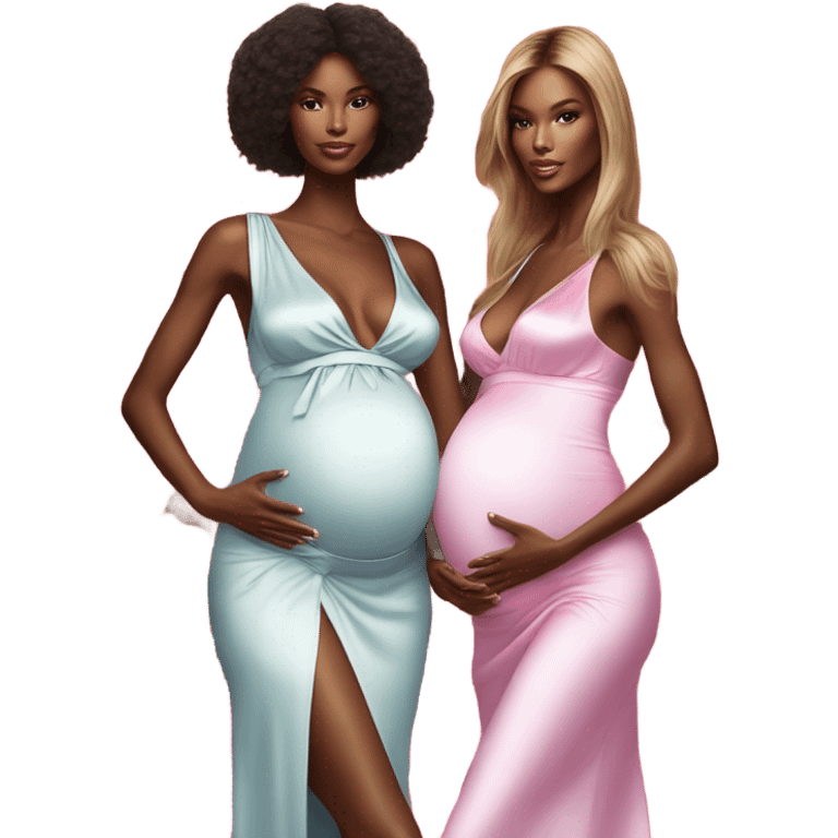 Realistic Photo of 2 Victoria secret models pregnant posing with flowers emoji