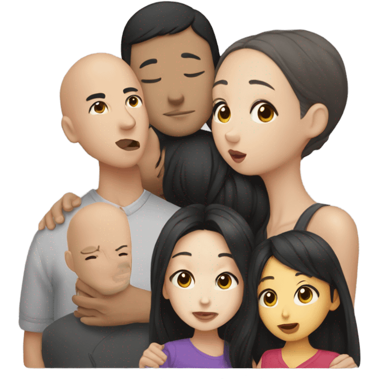 Asian girl dark hair kissing mixed bald man emoji