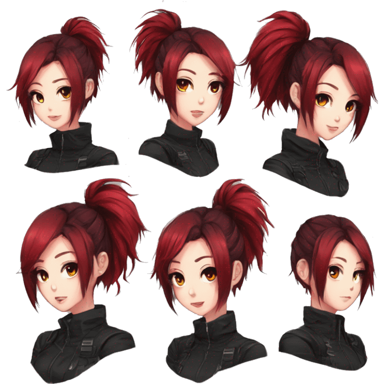 Gorgeous techwear anime style lady with blushing face aesthetic and pretty edgy black red punk hair with hair garment trending style emoji