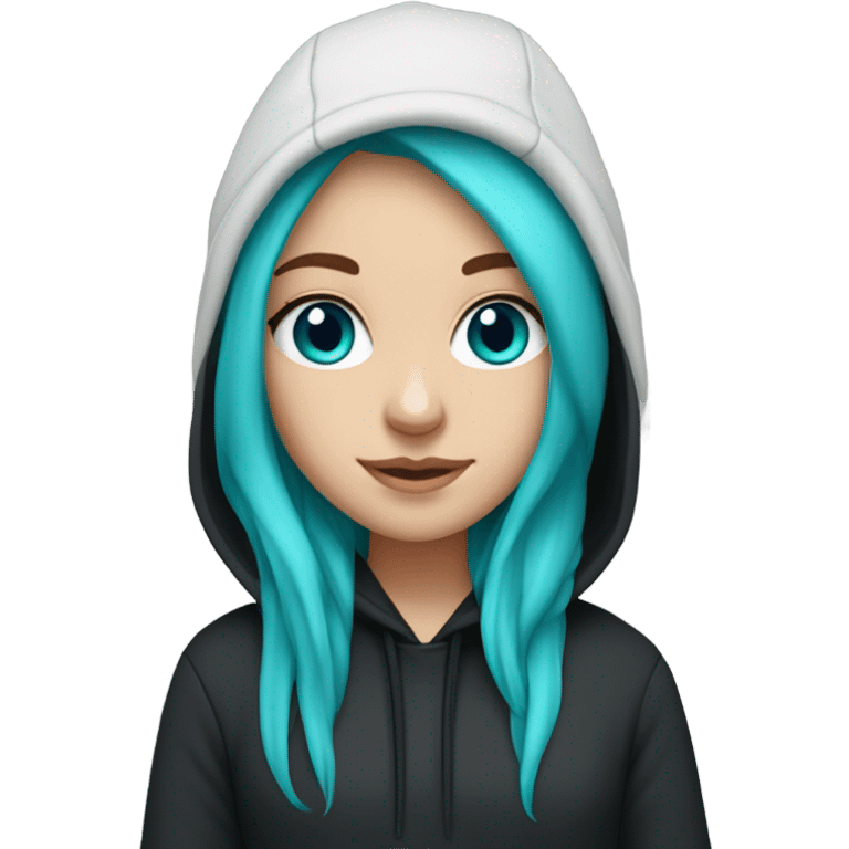 White girl, black hoodie, long teal hair, purple beanie hat, blue eyes emoji