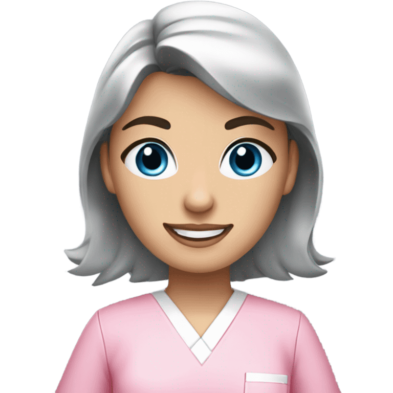 Young blue-eyed, dark-haired Female Dentist wearing pink scrubs  emoji