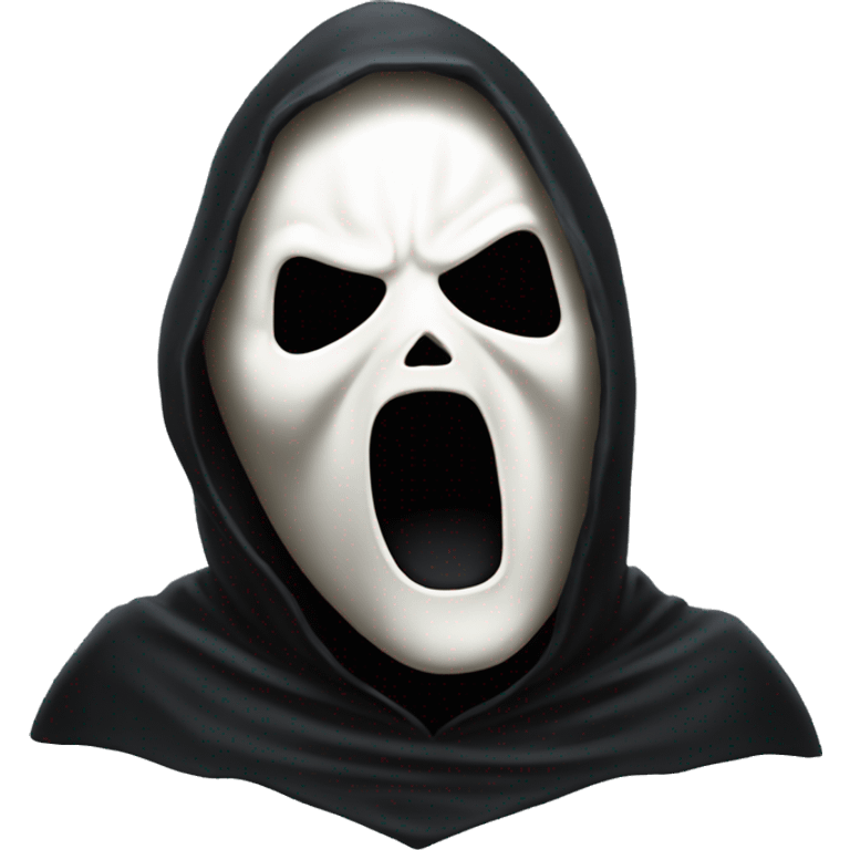 “Apple emoji of Ghostface: white mask with a screaming expression, dark eyes, and a black hooded cloak.” emoji