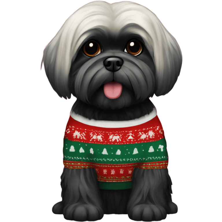 Black Lhasa apso in Christmas sweater emoji