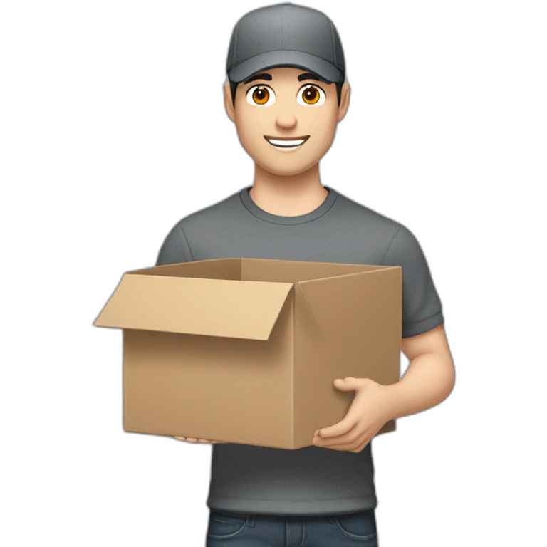 Pale skinned fit Man with black hair in a gray cap and dark gray polo T-shirt keeping a packed box into his hands emoji