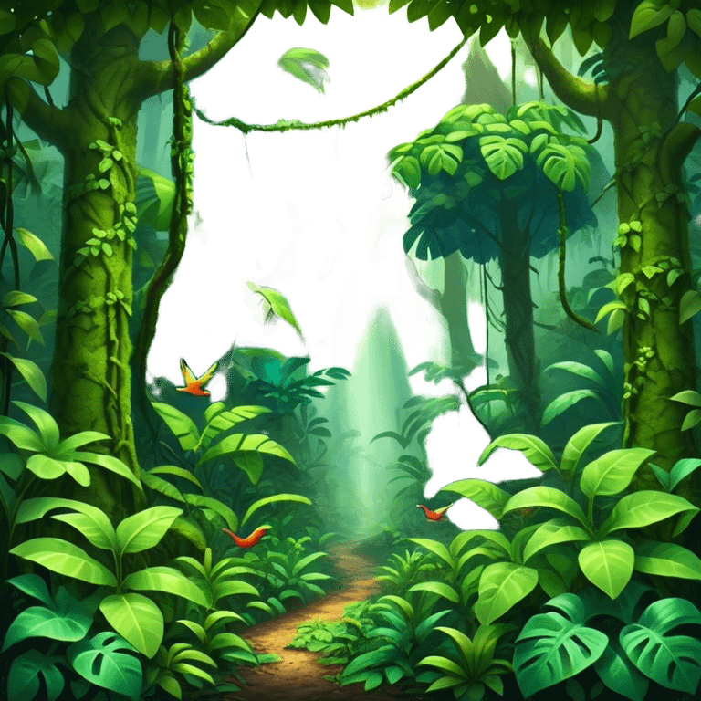 Cinematic Realistic Rainforest Emoji in a wooden frame, Lush and vibrant, filled with towering trees, thick vines, and dense green foliage, sunlight filtering through the canopy above, creating dappled patches of light on the rich, diverse undergrowth. The air is heavy with moisture, with mist rising from the forest floor and distant calls of exotic birds and animals echoing through the trees. Soft glowing outline, capturing the essence of a thriving, untamed tropical paradise filled with life! emoji