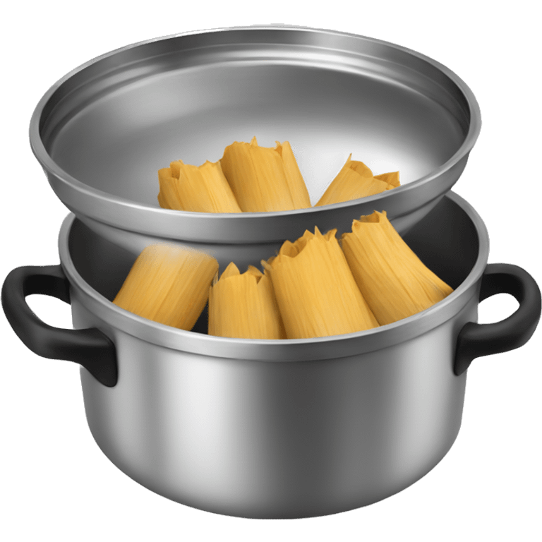 Stainless steel pot with black handlers, tamales inside emoji