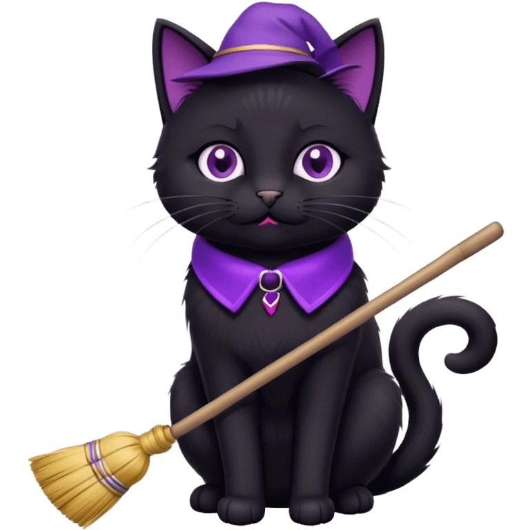 cute black cat with a broom, purple collar emoji