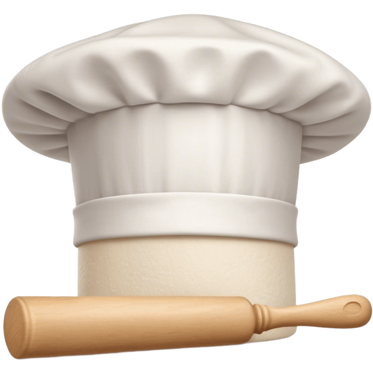 Cinematic Realistic Chef Hat & Rolling Pin, crisp white cotton hat with soft folds, resting beside a classic wooden rolling pin with smooth, polished curves, a light dusting of flour adding authenticity, warm kitchen lighting casting gentle shadows, glowing with a cozy and inviting charm. emoji