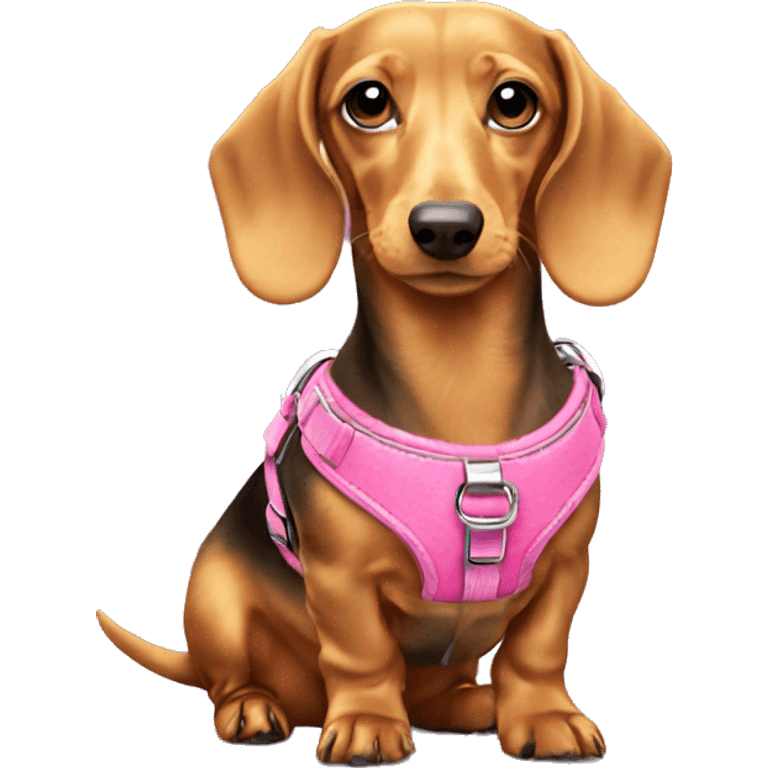 Gold miniature dachshund with pink harness emoji