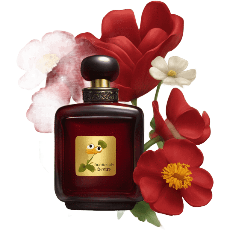 Dark red sophisticated perfume bottle with red buttercups and a silk scarf emoji