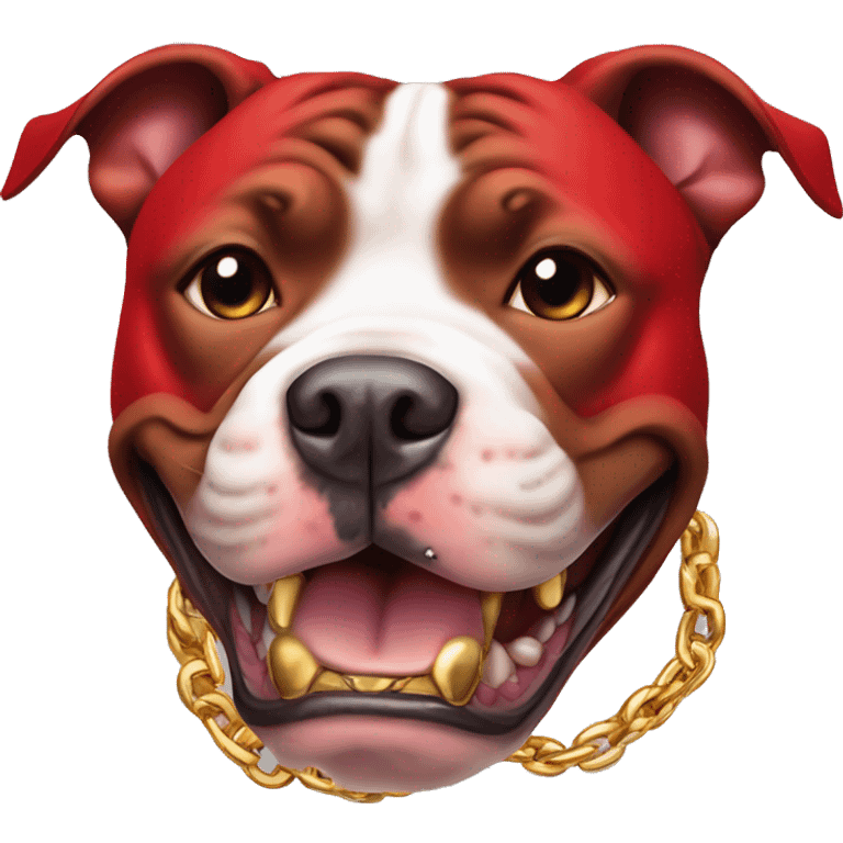 A pit bull dog in red colour with gold chain with danger teeth emoji