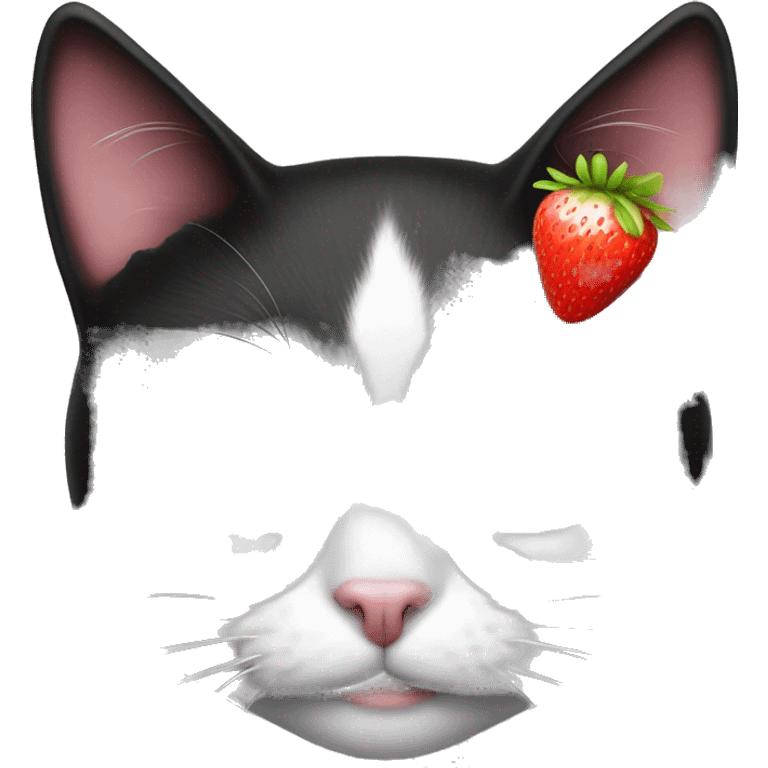 black and white cat with strawberry in the eyes emoji