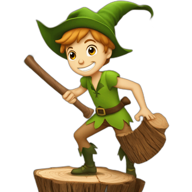 Peter Pan with his hat hitting with axe tree stump emoji