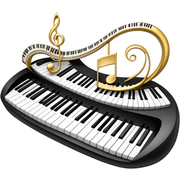 Create an elegant and festive emoji collage representing keyboard instruments, styled like a heraldic emblem. The design should feature a central focal point of black and white piano keys, arranged in a semi-circular or shield-like shape. Around the piano keys, add intertwining musical notes that form flowing ribbons, creating a dynamic and celebratory atmosphere. The design should be professional, with polished silver and gold accents on the keys and notes, highlighting the luxury and sophistication of the instruments. Add subtle shading and lighting effects to give the design a refined, 3D appearance. The background should remain transparent, and the overall feel should evoke grandeur, artistry, and a sense of celebration. emoji