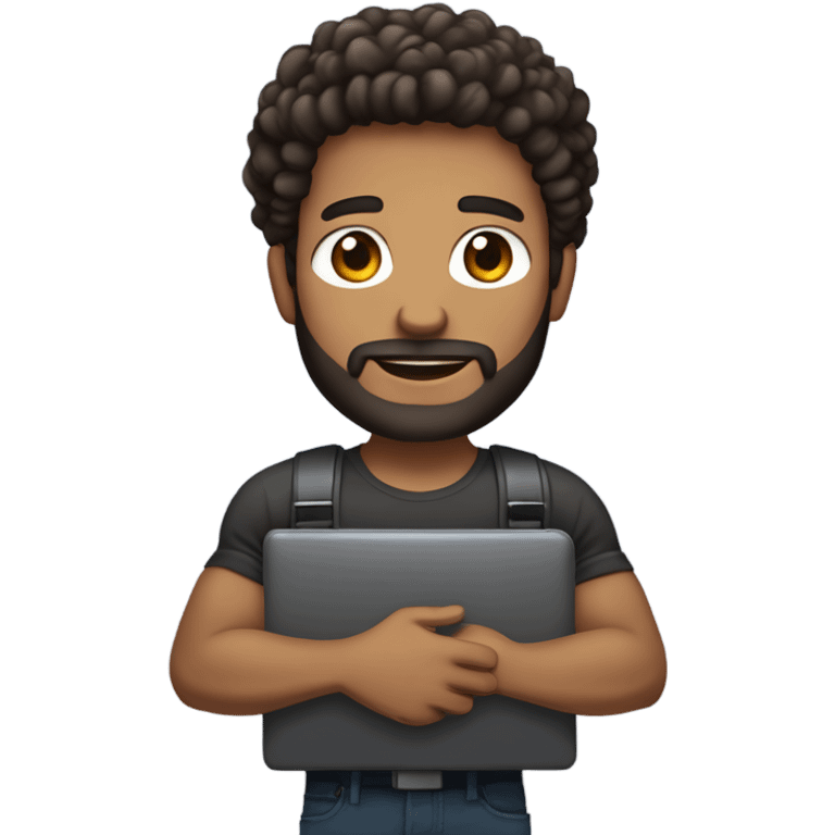 Web designer carrying a computer in his hands. light brown skin men with curly dark brown hair, brown eyes, little grown beard. imposing, muscular build. emoji