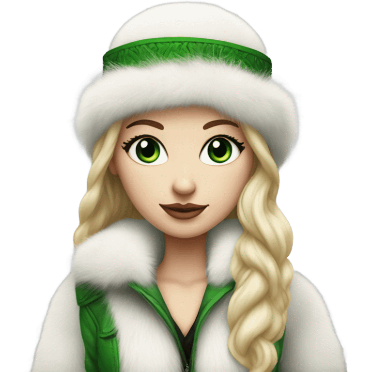 Realistic White girl with Long straight blonde hair, green eyes, tattoos, full body wearing white fur coat and fur hat emoji