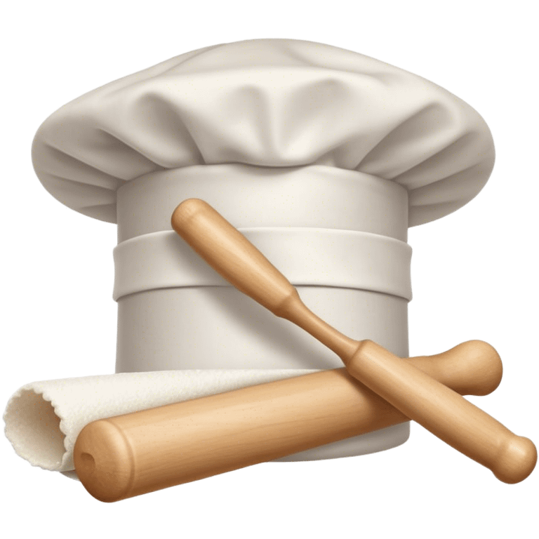 Cinematic Realistic Chef Hat & Rolling Pin, crisp white cotton hat with soft folds, resting beside a classic wooden rolling pin with smooth, polished curves, a light dusting of flour adding authenticity, warm kitchen lighting casting gentle shadows, glowing with a cozy and inviting charm. emoji