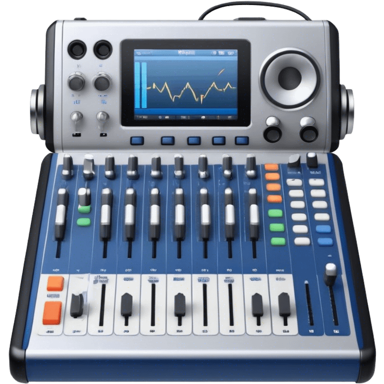 Create a professional and technical emoji that represents sound engineering. The design should feature a sound mixing console with faders, a pair of studio headphones, and audio waveforms to symbolize the precision and technicality of sound mixing and mastering. Include elements like a microphone or audio cables to reflect the recording aspect. Use colors like silver, black, and dark blue to represent the technical, yet artistic side of sound engineering. The background should be transparent. emoji