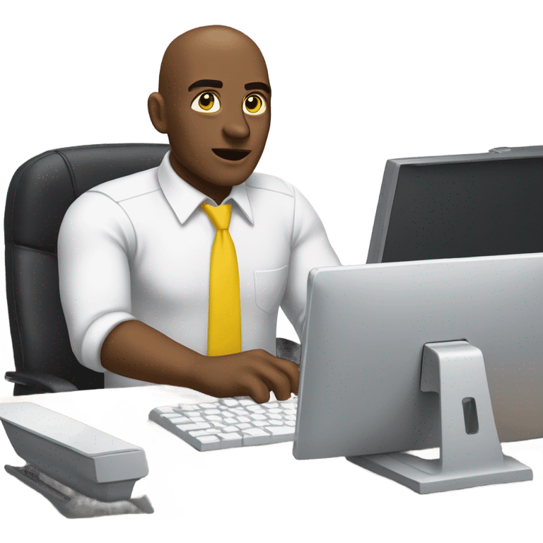 yellow skin man using white keyboard on desk wearing white button down shirt front view emoji