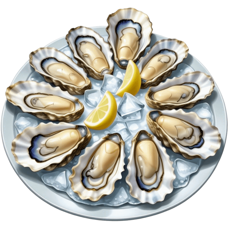 Cinematic fresh oysters on the half-shell, glistening with seawater, served with lemon wedges and ice, soft glowing highlights, elegant and luxurious. emoji