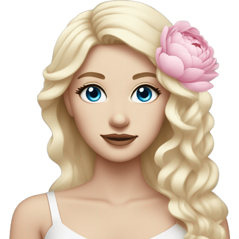 White bride with long light blonde hair and blue eyes with light pink peonies in hair white skin  emoji