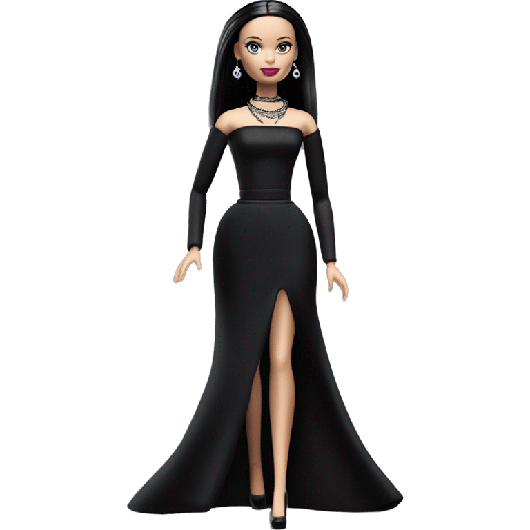  Elegant Wednesday Addams Barbie.  Small light skin face. Earrings with matching necklaces Longer hair. black flowing strapless tight evening gown neckline that’s off-the-shoulders shows her legs and black high heel shoes. emoji