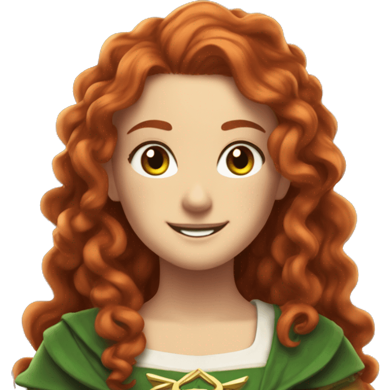 a white girl with long red curly hair and freckles, cosplaying Zelda posing and smiling emoji