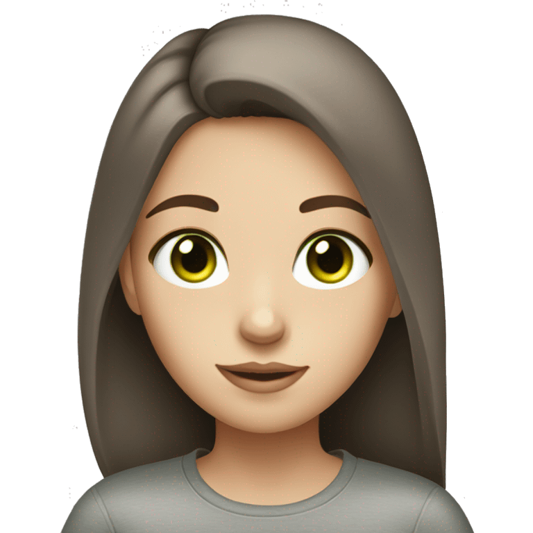 A girl with brown hair grey shirt green eyes with freckles and very pretty emoji