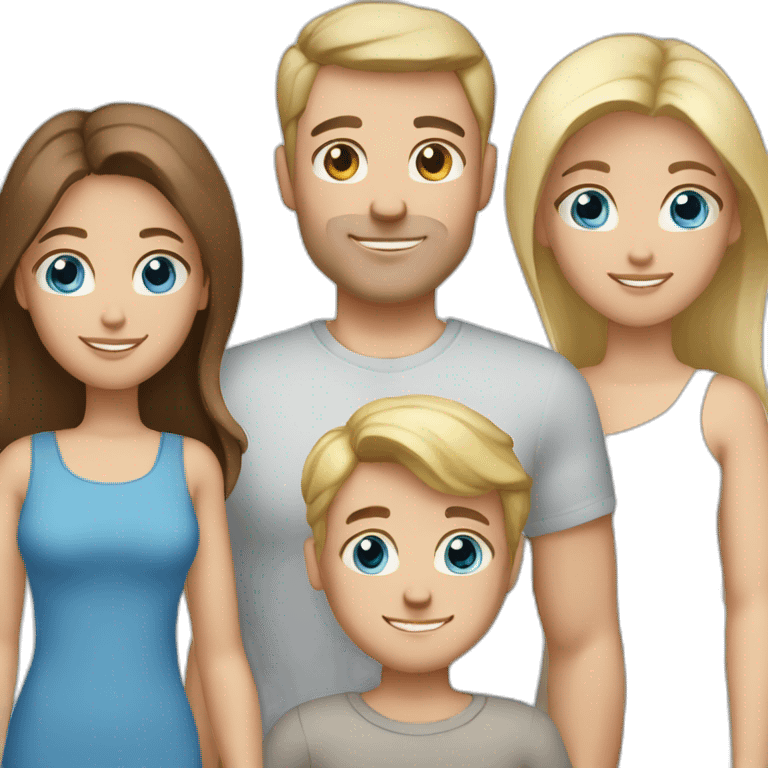 white family dad, short brown hair blue eyes, mum long brown hair blue eyes, boy brown hair blue eyes, toddler blonde hair blue eyes emoji