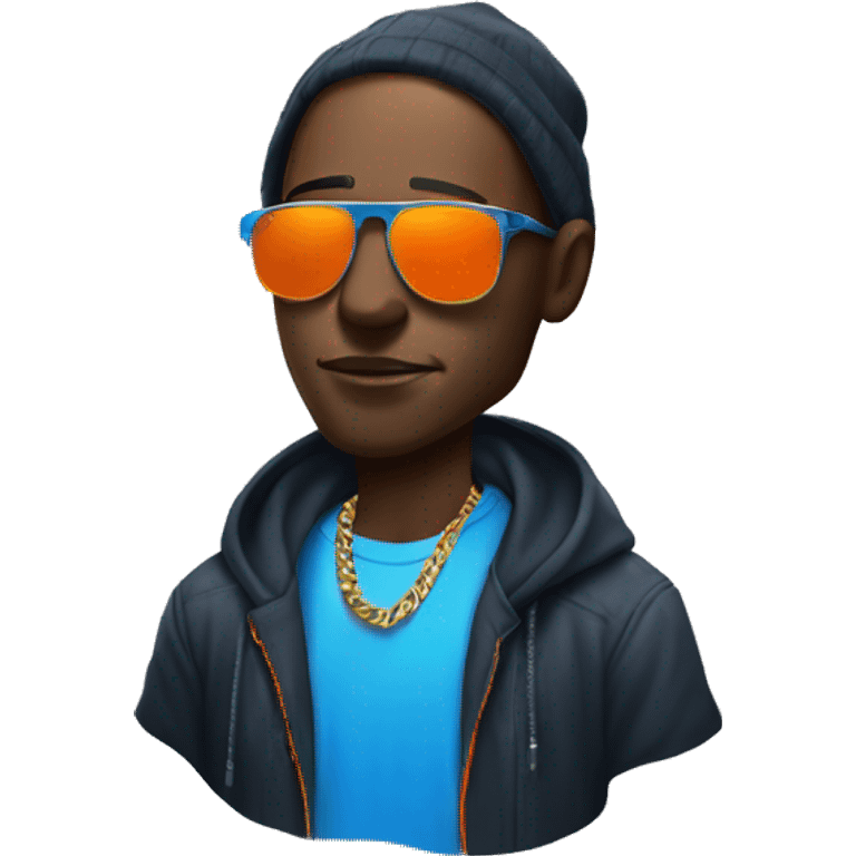 
rapper with realistic shadow and glow skin details, with blue and orange colored sunglasses emoji