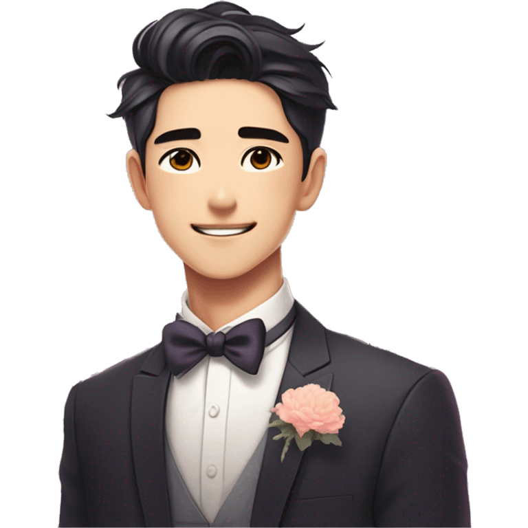 Gorgeous romantic anime style Asian formal modern gentlemanly guy with flowers and blushing face aesthetic trending style outside with colorful gradient colors emoji