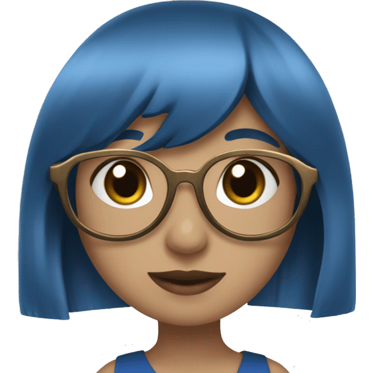 A girl with white glasses, a blue dress, a bronze dress, and a fringe, and blue and black hair emoji