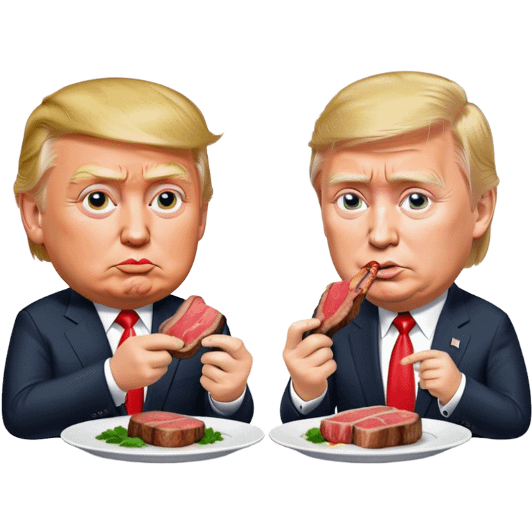 photorealistic Donald Trump and Putin eating a steak shaped like an piece of land emoji