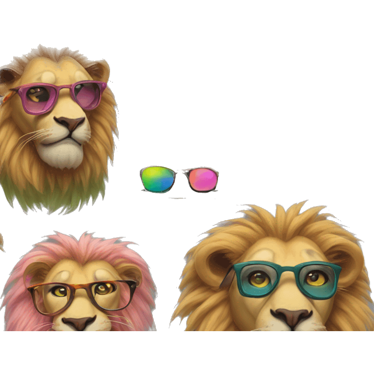 smyart lion with glasses. Lion is blue, green, pink and orange emoji