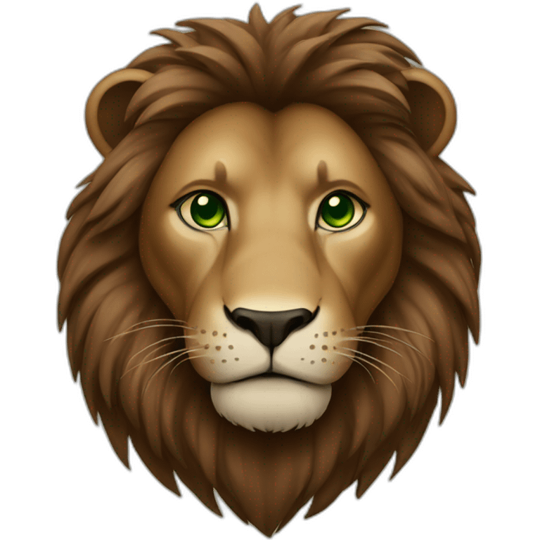 brown lion with a dark brown mane and green eyes emoji