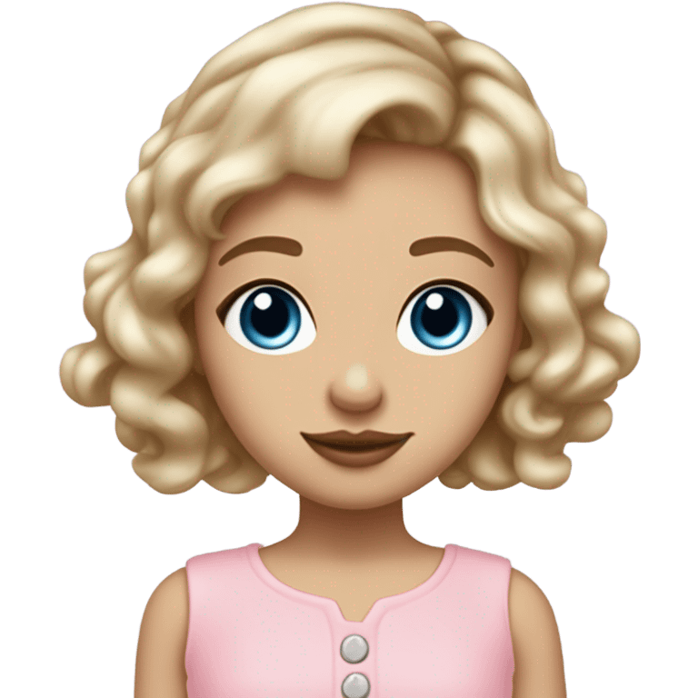 Girl with dirty blonde hair medium length past shoulders , blue/grey eyes with semi long lashes, pale but not albino, light freckles mostly on and around the nose, button nose, not thick but not thin lips with a small cupids bow shape, facing front on with shoulders and up wearing a light pink coquette  emoji