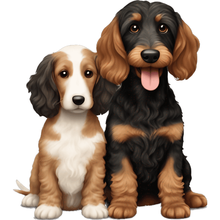 Brown golden doodle and black and tan and cream dachshund sitting together ￼￼ emoji