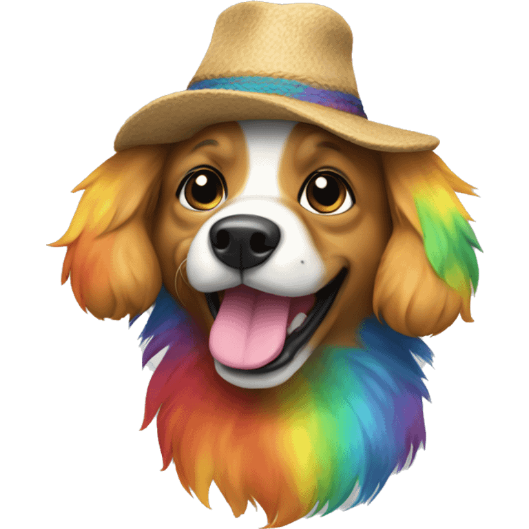 multi-colored dog, with rainbow fur, with a human face, in a hat, smiling emoji