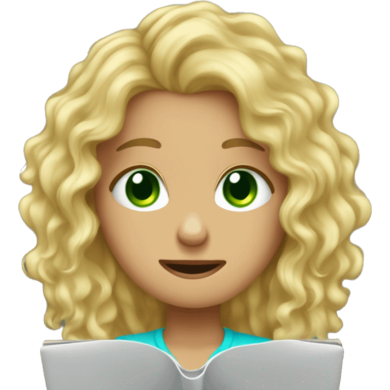 Long blonde curly hair green eyed girl working on laptop and crying  emoji