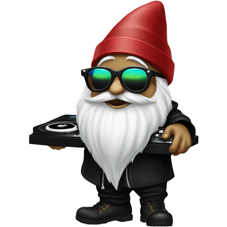 Vibey Dj gnome wih sunglasses ad turntables wearing black emoji