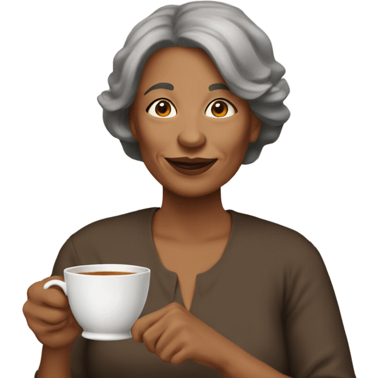 Middle Aged woman with brown pixi cut drinking tea emoji