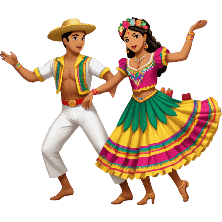 Cinematic Realistic scene of two dancers performing Cumbia, adorned in colorful traditional Colombian costumes with intricate details, captured in rhythmic motion with lively, festive lighting emoji