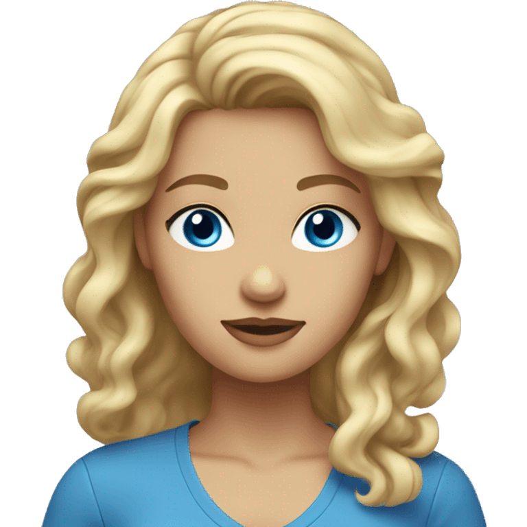 Woman with blonde wavy hair with a blue shirt on and blue eyes emoji