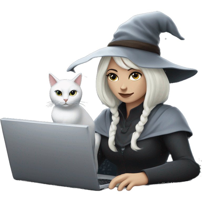 white witch who works an office job with a computer and a coffee and a book of spells sitting outside under a full moon with a cat emoji